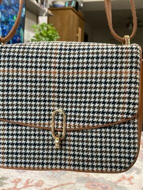 Houndstooth Crossbody Bag in Black, White and Brown Trim